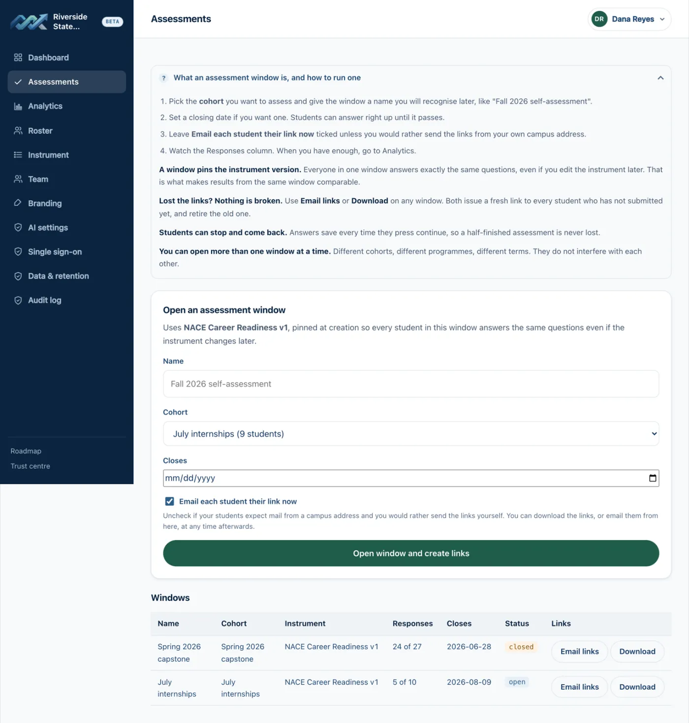 Assessment windows